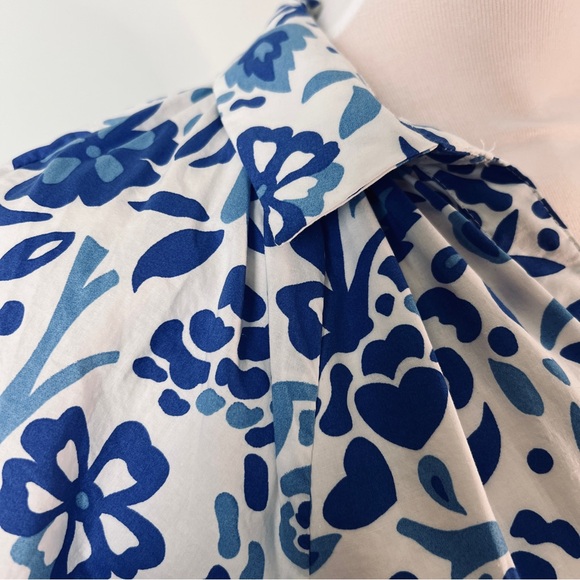 THML White & Blue Floral Patterned Dress Size Small Puff Sleeve V-Neck Collar - Picture 5 of 12